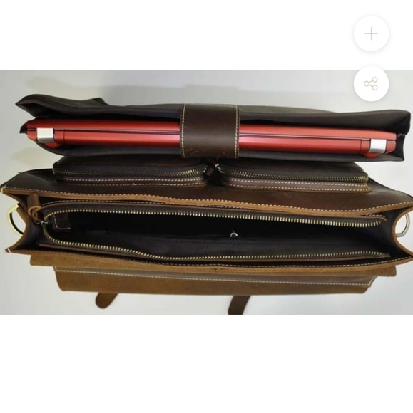 Handmade Vintage style Leather briefcase-- brass finishes & many pockets, 15"x11 - Picture 4 of 7